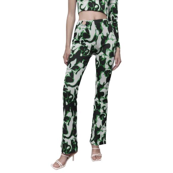 NWT Zara High Waist Flare Pants Jacquard Trouser Retro Print Size Small - Picture 1 of 9